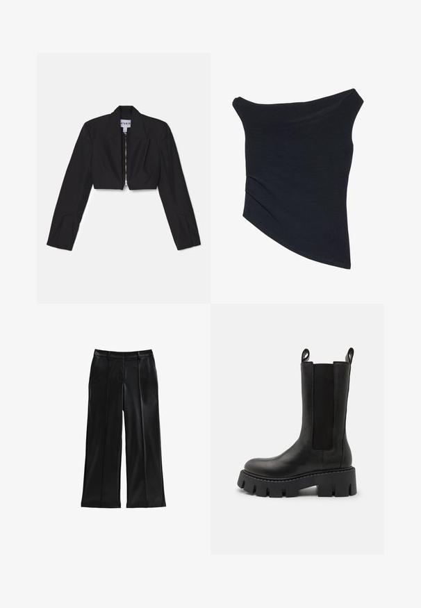 Sort cropped blazer med lange ærmer, skarpe lapeller og en frontlynlås. Har strukturerede sømme for en skræddersyet pasform.; Sort, off-shoulder top med en tætsiddende design, asymmetrisk kant og blød, glat tekstur. Den har samlet stof ved halsudskæringen.; Sorte faux læder bukser med bred benlinje, plisseringer, forlommer, en glat tekstur og en skræddersyet pasform. Har en mellem høj talje.; Sorte læder ankelstøvler med elastiske sidedele, trækremme, kraftig sål med mønster og forstærkede syninger. Overfladen har en glat struktur.