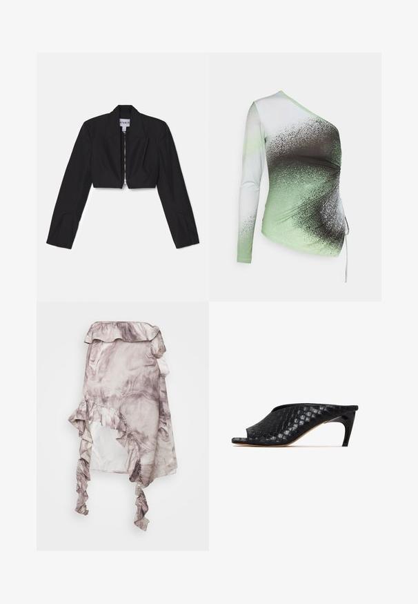 Sort cropped blazer med lange ærmer, skarpe lapeller og en frontlynlås. Har strukturerede sømme for en skræddersyet pasform.; Elleme ONE SHOULDER - Langærmet T-shirt - light green/white; ROKH MIDI SKIRT RUFFLES - A-snit nederdel - purple; Sorte vævede mule-sandaler med åben tå og en slank, buet hæl. Materialet har en blank finish og viser et tekstureret, ternet mønster.