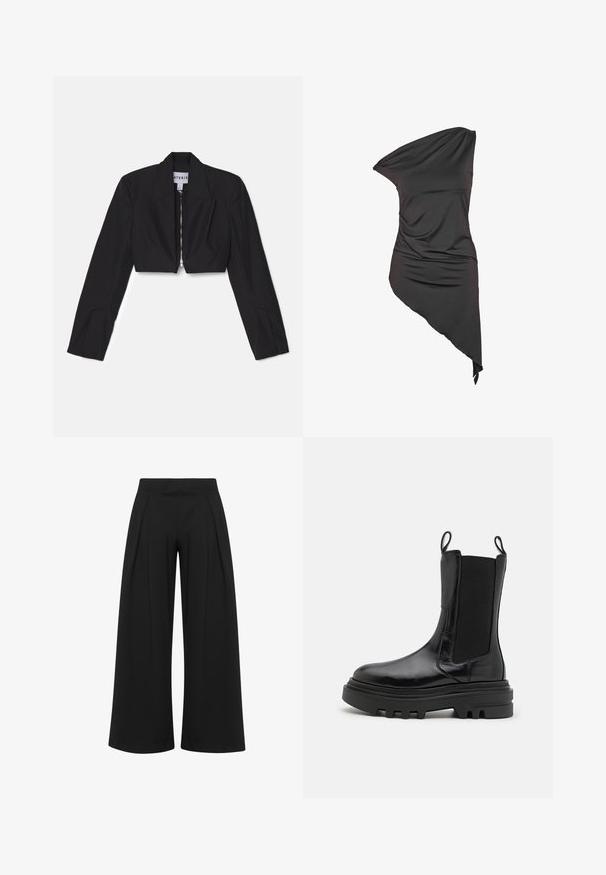 Sort cropped blazer med lange ærmer, skarpe lapeller og en frontlynlås. Har strukturerede sømme for en skræddersyet pasform.; Sort asymmetrisk ens skulder kjole med draperet stof og ujævnt skørt, længere på den ene side.; Sorte bukser med vidde ben, høj talje og frontfolder, lavet af glat stof, vist mod en hvid baggrund.; Sorte ankelstøvler med en blank læderfinish, elastiske sidepaneler, trækflapper og en tyk, tekstureret gummisål. Kraftigt design, slank silhuet.