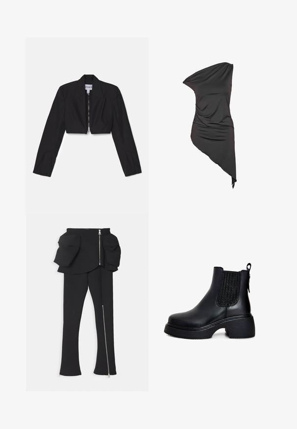 Sort cropped blazer med lange ærmer, skarpe lapeller og en frontlynlås. Har strukturerede sømme for en skræddersyet pasform.; Sort asymmetrisk ens skulder kjole med draperet stof og ujævnt skørt, længere på den ene side.; A.W.A.K.E. MODE BASQUE PANTS WITH ZIPS AND LARGE POCKETS - Bukser - black; Sorte læder ankelstøvler med elastiske sidepaneler, rund tå, chunky tekstureret hæl og strop bagpå for nem påtagning.