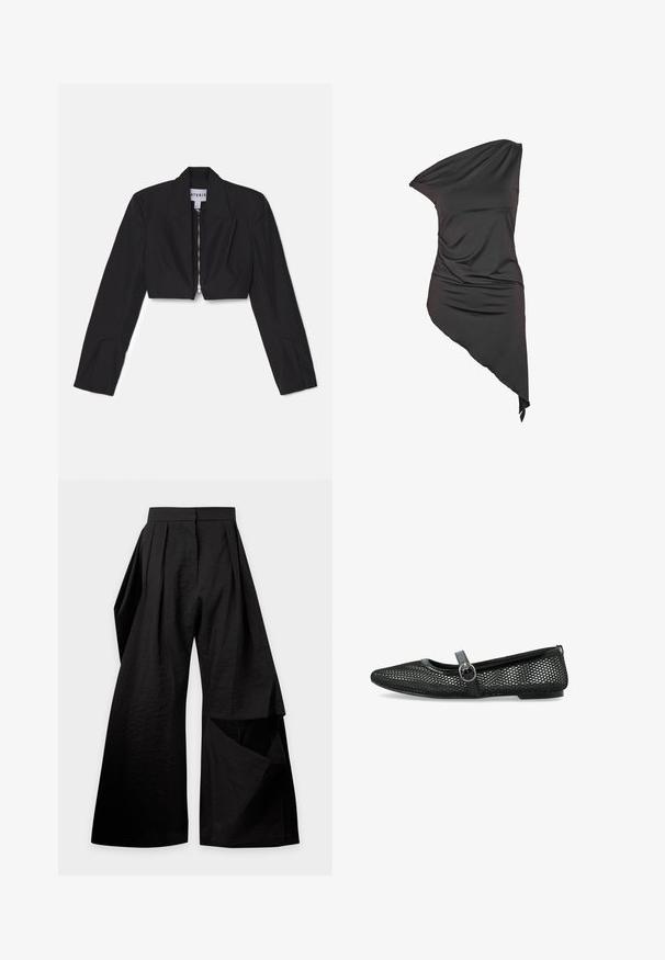 Sort cropped blazer med lange ærmer, skarpe lapeller og en frontlynlås. Har strukturerede sømme for en skræddersyet pasform.; Sort asymmetrisk ens skulder kjole med draperet stof og ujævnt skørt, længere på den ene side.; Sort viddebukser med læg ved taljen og et overlappende stofstykke på højre ben.; Sorte mesh balletflade har en rund tå, en tynd rem med spænde og en flad sål. Overdelen har et geometrisk mønster for ventilation.
