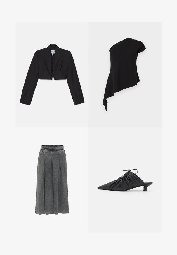 Sort cropped blazer med lange ærmer, skarpe lapeller og en frontlynlås. Har strukturerede sømme for en skræddersyet pasform.; Sort asymmetrisk top med én kort ærme og en flydende draperet kant på den ene side mod en hvid baggrund.; Grå denimnederdel med plisseringer, elastisk talje, knælang og en tekstureret overflade. Simpelt design uden synlige mønstre eller dekorationer.; Sorte læder slip-on mules med spids tå, samlet tekstur og en lille kitten heel. Har en snor-detalje ved åbningen.