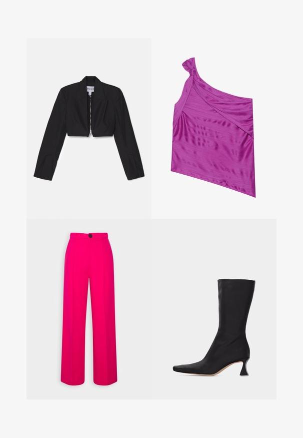 Sort cropped blazer med lange ærmer, skarpe lapeller og en frontlynlås. Har strukturerede sømme for en skræddersyet pasform.; Asymmetrisk top med én skulder lavet af glat, blødt, levende lilla stof, med en snoet knude-detalje ved skulderen og en flatterende draperet tekstur.; Fuchsia brede bukser med høj talje, frontfald og en enkelt sort knaplukning. Glat tekstur og skræddersyet design.; Sort læderstøvle, der går til midt på læggen, med spids tå og buet lav hæl, mod en ensartet lys baggrund.