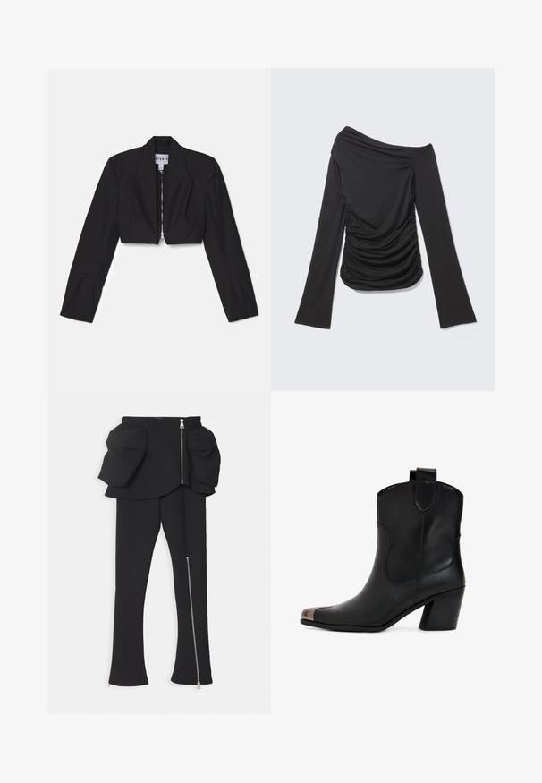 Sort cropped blazer med lange ærmer, skarpe lapeller og en frontlynlås. Har strukturerede sømme for en skræddersyet pasform.; Sort langærmet top med asymmetrisk off-shoulder halsudskæring og rynkede detaljer på siderne og foran.; A.W.A.K.E. MODE BASQUE PANTS WITH ZIPS AND LARGE POCKETS - Bukser - black; Sort læderankelstøvle med en let hæl, udstyret med en spids tå og metalhætte. Enkel syning og trækflap på bagsiden.