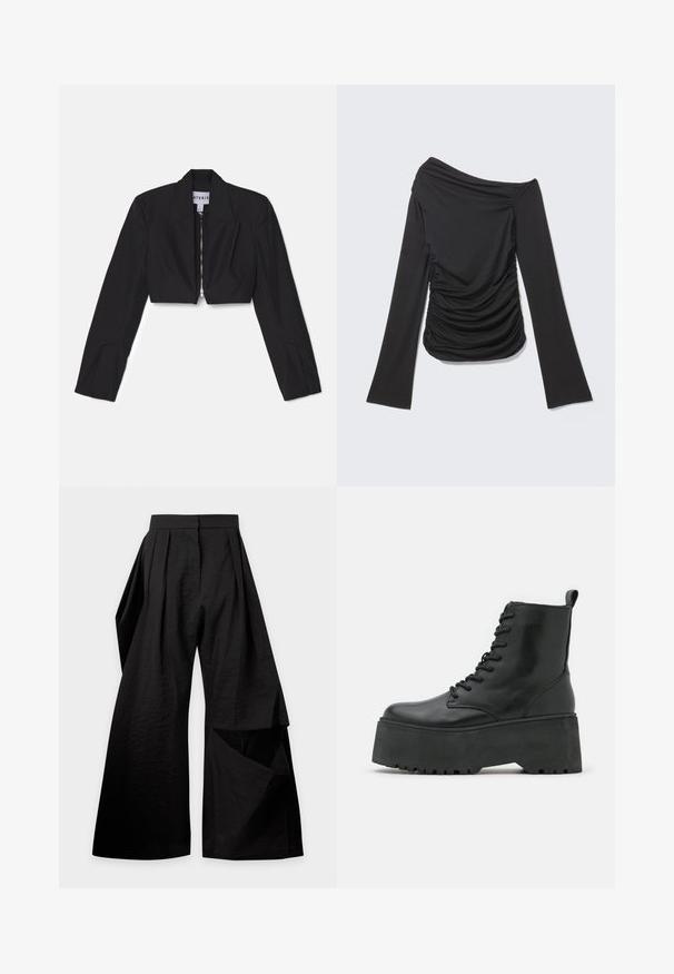 Sort cropped blazer med lange ærmer, skarpe lapeller og en frontlynlås. Har strukturerede sømme for en skræddersyet pasform.; Sort langærmet top med asymmetrisk off-shoulder halsudskæring og rynkede detaljer på siderne og foran.; Sort viddebukser med læg ved taljen og et overlappende stofstykke på højre ben.; Sorte ankelstøvler med en kraftig platformssål, lavet af glat læder, med snørebåndsdesign og en træktab bagpå.
