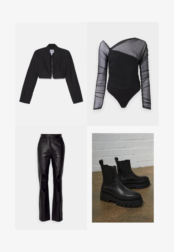 Sort cropped blazer med lange ærmer, skarpe lapeller og en frontlynlås. Har strukturerede sømme for en skræddersyet pasform.; Sort bodysuit med lange gennemsigtige meshærmer. Har ruchede tekstur på kroppen, asymmetrisk udskæring og trusse med høj skæring.; Sorte læderbukser med en tætsiddende pasform, der har skrå sømme og udskæringer i siderne. Lige ben med knaplukning i taljen.; Sort læder ankelstøvler med elastiske sidepaneler, tykke sorte platformssåler og syninger, der har en løftesanordning for nem påtagning.