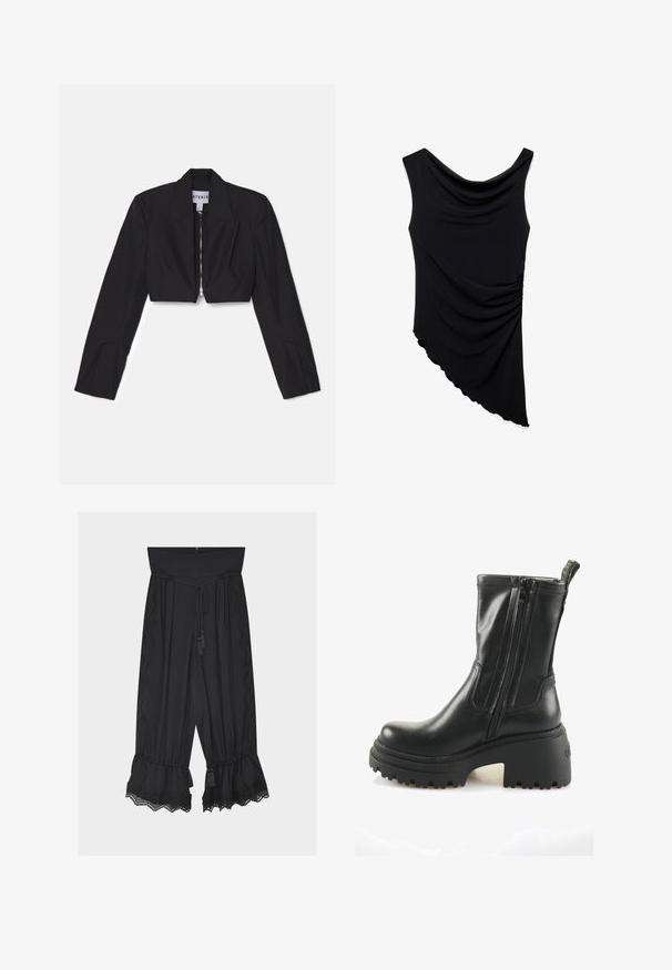 Sort cropped blazer med lange ærmer, skarpe lapeller og en frontlynlås. Har strukturerede sømme for en skræddersyet pasform.; Sort ærmeløs top med asymmetrisk kant, draperet halsudskæring og rynkedetalje på den ene side.; Sorte bukser med vide ben og høj talje, snøre med duske som bælte, blonder kant på siderne og flæsekant med blonde detaljer.; Sorte læder ankelstøvler med dobbelte lynlåse, chunky mellemsål og en tekstureret gummisål. Har en trækflig bagpå for nem påtagning.