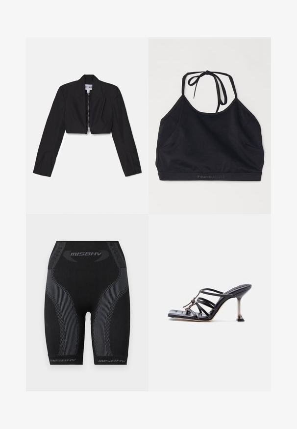 Sort cropped blazer med lange ærmer, skarpe lapeller og en frontlynlås. Har strukturerede sømme for en skræddersyet pasform.; Sort atletisk crop top lavet af strækbart stof. Har et bindebånd bagpå, en rund halsudskæring og et diskret logo langs kanten.; Sorte atletiske shorts med en tætsiddende pasform, struktureret stof, lodrette grå striber og "MISBHV" logo ved kanten.; Sort højhælet sandal med stropper, firkantet tå og tynd stilet hæl, med overlappende stropper og en knudedetalje på overdelen.