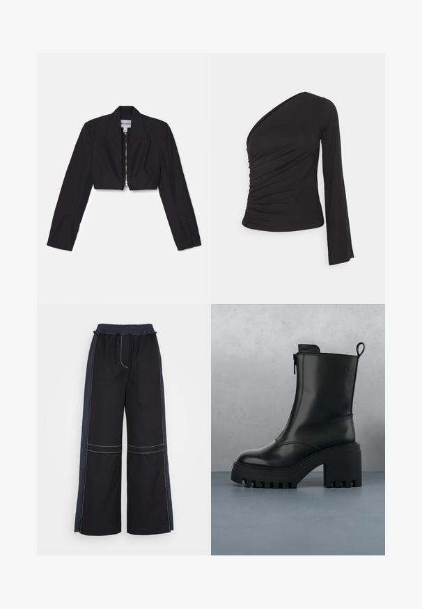 Čierny skrátený blazer s dlhými rukávmi, ostrými klopami a predným zipsom. Obsahuje štruktúrované švy pre prispôsobený strih.; Asymetrický top s dlhým rukávom v čiernej farbe, so zhromaždeným bočným dielom pre textúru a priliehavým strihom. Vyrobený z mäkkého, elastického materiálu.; 3.1 Phillip Lim COMBO UTILITY PANT - Nohavice - black eclipse; Čierne kožené členkové čižmy s robustnou podrážkou, blokovým podpätkom, bočným zipsom a pútkom na zadnej strane na jednoduchom bielom pozadí.