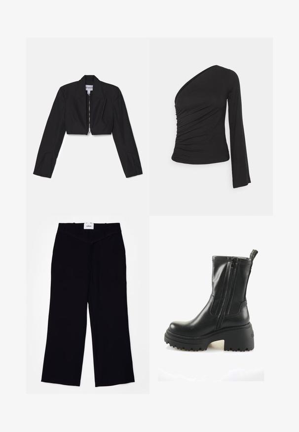 Sort cropped blazer med lange ærmer, skarpe lapeller og en frontlynlås. Har strukturerede sømme for en skræddersyet pasform.; Asymmetrisk langærmet top i sort, med en sammensamlet side for tekstur og en tætsiddende silhuet. Lavet af blødt, strækbart materiale.; Sorte brede bukser lavet af et glat stof. Har en flad talje med bælteløkker og en ren finish ved kanterne.; Sorte læder ankelstøvler med dobbelte lynlåse, chunky mellemsål og en tekstureret gummisål. Har en trækflig bagpå for nem påtagning.
