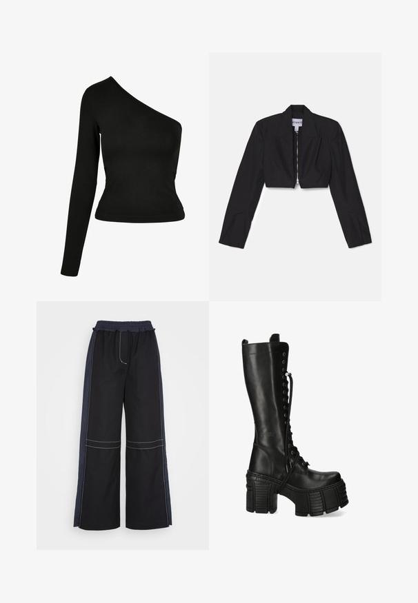 Sort cropped blazer med lange ærmer, skarpe lapeller og en frontlynlås. Har strukturerede sømme for en skræddersyet pasform.; Sort langærmet top med en asymmetrisk halsudskæring. Fremstillet af glat stof, tætsiddende design og en buet kant. Uden mønstre eller dekorationer.; 3.1 Phillip Lim COMBO UTILITY PANT - Bukser - black eclipse; Høj sort læderplatåstøvle med tyk slidstærk sål, blokhæl og snørelukning foran.