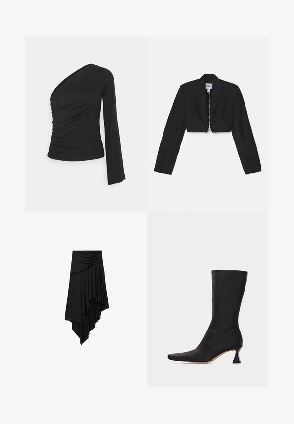 Sort cropped blazer med lange ærmer, skarpe lapeller og en frontlynlås. Har strukturerede sømme for en skræddersyet pasform.; Asymmetrisk langærmet top i sort, med en sammensamlet side for tekstur og en tætsiddende silhuet. Lavet af blødt, strækbart materiale.; Sort asymmetrisk nederdel med rynket detalje ved taljen og lagdelt draperet stof, der skaber en faldende kant.; Sort læderstøvle, der går til midt på læggen, med spids tå og buet lav hæl, mod en ensartet lys baggrund.