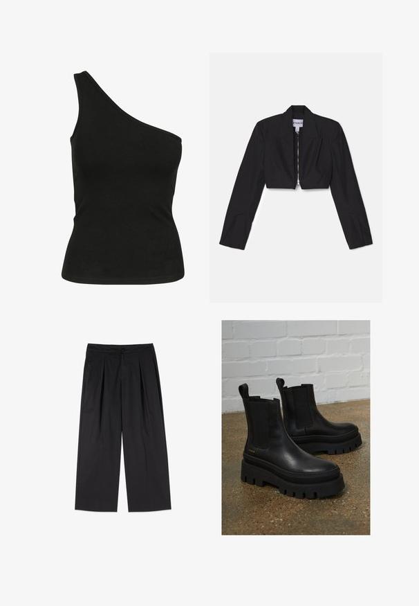 Sort cropped blazer med lange ærmer, skarpe lapeller og en frontlynlås. Har strukturerede sømme for en skræddersyet pasform.; Sort, en-skulder tanktop lavet af glat stof, med en tætsiddende silhuet og en ren, syet halsudskæring. Ingen synlige mønstre eller detaljer.; Sorte bukser med vide ben og plisseringer foran, sidelommer, knap- og lynlåslukning, vist på hvid baggrund.; Sort læder ankelstøvler med elastiske sidepaneler, tykke sorte platformssåler og syninger, der har en løftesanordning for nem påtagning.