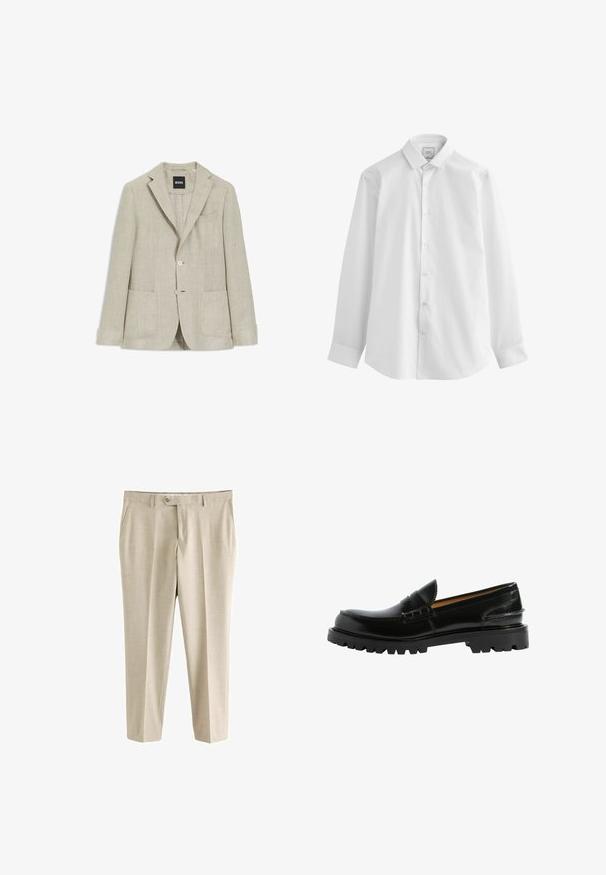 Beiger Leinenblazer mit Kerbkragen, zwei Knöpfen, zwei aufgesetzten Taschen vorne und einer Brustleistentasche, innen am Kragen mit "BOSS"-Label.; Next EASY CARE SLIM FIT SINGLE CUFF - Hemd - white; Beige maßgeschneiderte Herren-Hose mit Gürtelschlaufen, Frontknopf, Reißverschluss und Seitentaschen, dargestellt vor weißem Hintergrund.; Schwarze Lederloafers mit einer bequemen Silhouette, strukturierten Details im Obermaterial und einer robusten schwarzen Gummisohle.
