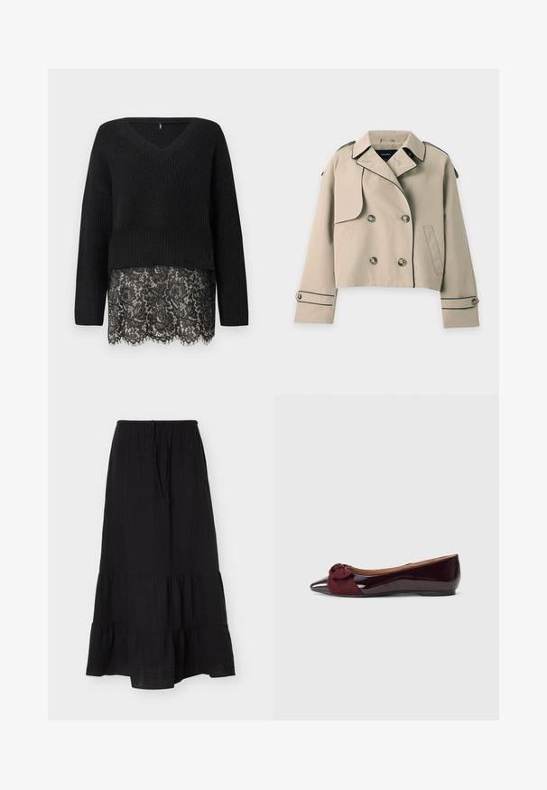 Beige cropped trenchcoat med dobbeltradede knapper, hakket krave, sorte kantdetaljer og lange ærmer med knapmanchetter.; Sort striktrøje med V-hals, der har lange ærmer og en scalloped blondekant. Den teksturerede stof kontrasterer med den glatte blonde nedenfor.; Sort ankel-lang nederdel med lagdelte flæser og elastisk linning med bindebånd, lavet af let tekstureret stof.; Ballett-flade i bordeaux patentlæder og ruskind, med en knyttet detalje på tåen, spids front og flad sål.
