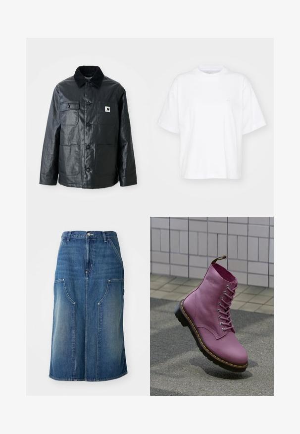 Sort læderjakke med en kordfløjlskrage, fire frontlommer og runde knapper. Glat tekstur med et minimalistisk design.; Hvid bomulds t-shirt med rund hals, korte ærmer og en afslappet pasform. Har et diskret logo på venstre brystområde. Glat tekstur.; Blå denimnederdel med lige snit, forlommer og en talje med knaplukning, prydet med en falmet tekstur og sømdetaljer.; Lilla læderstøvle med snørebånd, sort sål og gule syninger, stående oprejst på tekstureret asfalt nær flisebelagt fortov.