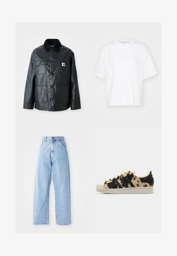 Musthave nahkjakki, millel on puuvillane krae, neli esipaneeli taskut ja ümarad nupud. Sile tekstuur ning minimalistlik disain.; Valge puuvillane t-särk ümmarguse kaelusega, lühikeste varrukatega ja lõdgalt istuv. Vasakul rinnal on peen logo. Sile tekstuur.; Kõrge vöökoht, helesinised teksased sirgete laiade jalgadega, ees nupuvajutus, lukuga sulgemine ning ees ja taga taskud.; Beige ja musta lehmavillakujutusega tennisekingad, millel on kolm musta triipu, valge kummist varvaste kaitse ja tekstureeritud tallad. Omab paelu ja brändimist.