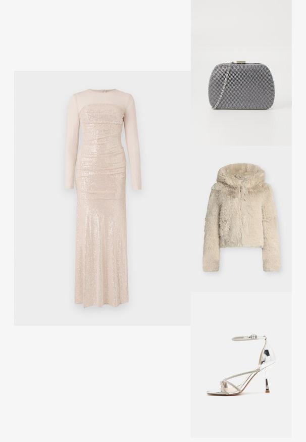 Chaqueta corta de piel sintética cremosa con capucha, textura suave, cierre de cremallera y mangas largas. Presenta un material mullido y esponjoso en toda la prenda.; Larga vestido beige con lentejuelas, con un corsé ajustado, mangas largas y una falda hasta el suelo.; Sandalia de tacón alto plateada con un diseño de tiras, material brillante, acentos de strass y una correa delgada en el tobillo. Punta cuadrada y tacón pulido.; Bolso de mano texturizado en blanco y negro con forma redondeada, correa de cadena plateada y un cierre de metal en la parte superior.