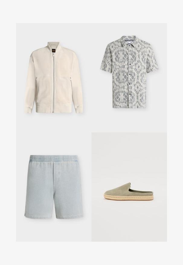 Veste bomber beige clair à fermeture éclair, avec col, poignets et ourlet côtelés, dotée de deux poches latérales zippées et d'une petite étiquette noire à l'intérieur du col.; Chemise à manches courtes boutonnée avec motif géométrique abstrait gris et blanc et col classique.; Short en denim bleu clair avec taille élastique et texture subtile, présenté à plat sur un fond blanc uni.; Chaussure slip-on en suede vert avec une semelle en jute de style espadrille. Bout arrondi et design à talon ouvert. Marquage subtil sur le côté.