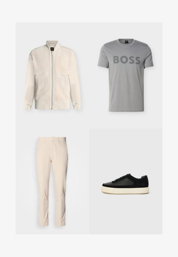 Lyse beige bomberjakke med lynlås, med ribbet krave, manchetter og kant, med to lynlåse sidelommer og et lille sort mærke på indersiden af kraven.; Grå T-shirt med korte ærmer og rund hals, med stort "BOSS"-tryk over brystet og et lille "BOSS"-mærke inde i halsudskæringen.; Lysebeige bukser med en glat tekstur, slim fit, knaplukning og sidelommer. Ingen synlige mønstre eller accenter.; Sort sneakers med en kombination af læder og ruskind, rund tå, tonale snørebånd og en kraftig hvid gummisål. Diskret logodetalje på siden.