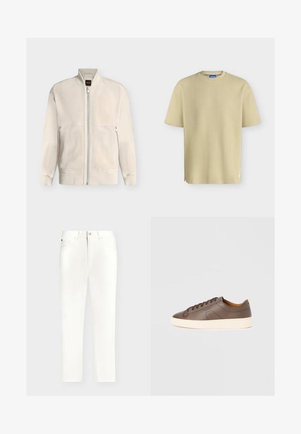 Veste bomber beige clair à fermeture éclair, avec col, poignets et ourlet côtelés, dotée de deux poches latérales zippées et d'une petite étiquette noire à l'intérieur du col.; T-shirt beige en maille côtelée à manches courtes avec col rond et petite étiquette blanche près de l’ourlet, étiquette de marque à l’intérieur de l’encolure.; Jean droit blanc avec cinq poches, fermeture par bouton et fermeture éclair, présenté sur un fond gris clair.; Baskets en cuir marron à texture lisse, semelle extérieure crème contrastante, bout arrondi et lacets marron foncé ; présente un logo discrètement embossé.