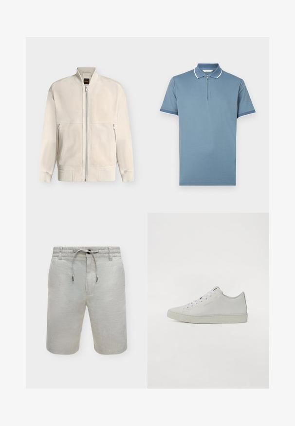 Veste bomber beige clair à fermeture éclair, avec col, poignets et ourlet côtelés, dotée de deux poches latérales zippées et d'une petite étiquette noire à l'intérieur du col.; Polo bleu à manches courtes avec bordure blanche et fermeture zippée à l'avant, doté d'un col texturé et de manches avec poignets.; Short beige longueur genou avec ceinture élastique, cordon de serrage réglable, passants de ceinture et fermeture avant par boutons.; Baskets en cuir blanc au design bas, avec des lacets ronds, des coutures minimales et une semelle en caoutchouc texturée.