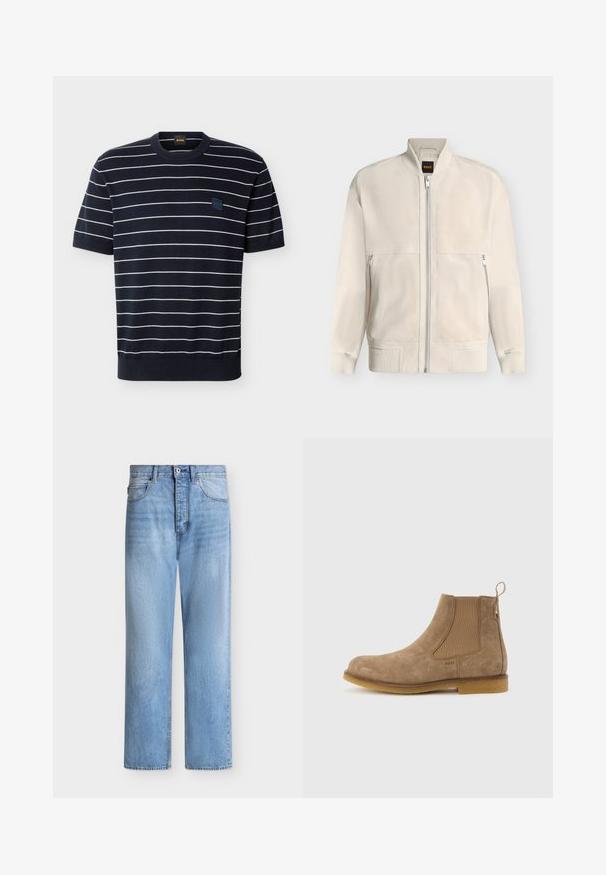 Veste bomber beige clair à fermeture éclair, avec col, poignets et ourlet côtelés, dotée de deux poches latérales zippées et d'une petite étiquette noire à l'intérieur du col.; Chemise en maille bleu marine à manches courtes avec des rayures horizontales blanches et un petit patch logo carré BOSS sur la poitrine gauche.; Jean droit en denim bleu clair avec fermeture par bouton et zip, poches avant et arrière, et passants de ceinture à la taille.; Bottine Chelsea en daim marron clair avec panneaux latéraux élastiques, languette de tirage au talon et semelle en caoutchouc.
