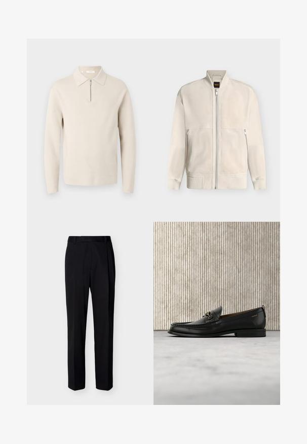 Lyse beige bomberjakke med lynlås, med ribbet krave, manchetter og kant, med to lynlåse sidelommer og et lille sort mærke på indersiden af kraven.; Beige langærmet sweater med krave og en kort lynlås foran, vist på hvid baggrund.; Sorte skræddersyede bukser med lige ben, bæltestropper og pressede folder foran, vist mod en ensartet lys baggrund.; Sort læderloafers med guldfarvet metaldekoration og "HUGO" branding, vist mod en beige tæppe og brunt gennemsigtigt møbel.