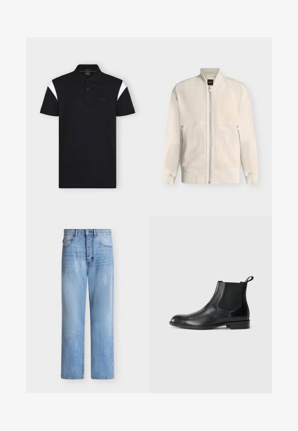 Veste bomber beige clair à fermeture éclair, avec col, poignets et ourlet côtelés, dotée de deux poches latérales zippées et d'une petite étiquette noire à l'intérieur du col.; Polo noir à manches courtes avec col, deux boutons, accents blancs aux épaules et logo "BOSS" sur la poitrine gauche.; Jean droit en denim bleu clair avec fermeture par bouton et zip, poches avant et arrière, et passants de ceinture à la taille.; Bottine en cuir noir avec des panneaux latéraux élastiques, bout rond et tirette. Texture lisse, semelle plate, design minimaliste.