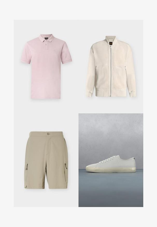 Veste bomber beige clair à fermeture éclair, avec col, poignets et ourlet côtelés, dotée de deux poches latérales zippées et d'une petite étiquette noire à l'intérieur du col.; Polo rose clair à manches courtes avec deux boutons, petit écusson logo sur la poitrine et col classique sur fond blanc.; Shorts beiges mi-genoux avec fermeture à boutons et poches zippées de chaque côté, conçus pour un usage décontracté ou en plein air.; Baskets en cuir blanc avec lacets flottant au-dessus de carreaux en bois carrés et de petits cailloux, avec un arbre et un fond gris.
