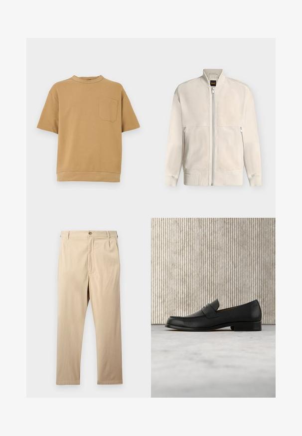 Veste bomber beige clair à fermeture éclair, avec col, poignets et ourlet côtelés, dotée de deux poches latérales zippées et d'une petite étiquette noire à l'intérieur du col.; T-shirt à manches courtes en coton marron clair, avec un col rond et une poche poitrine unique ornée d'une couture droite.; Pantalon beige à jambes droites avec fermeture par bouton et zip, passants pour ceinture et poches latérales, posé à plat sur un fond clair.; Mocassin en cuir noir flottant au-dessus d'un tapis beige avec une table ronde brune brillante en arrière-plan.