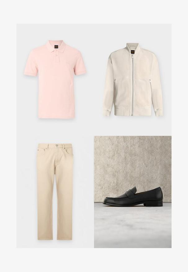 Veste bomber beige clair à fermeture éclair, avec col, poignets et ourlet côtelés, dotée de deux poches latérales zippées et d'une petite étiquette noire à l'intérieur du col.; Polo à manches courtes rose clair avec deux boutons et un petit logo en relief sur le côté gauche de la poitrine.; Jean beige à jambes droites avec bouton et fermeture éclair à l'avant, poches avant et arrière, étalé à plat sur un fond clair.; Mocassin en cuir noir flottant au-dessus d'un tapis beige avec une table ronde brune brillante en arrière-plan.