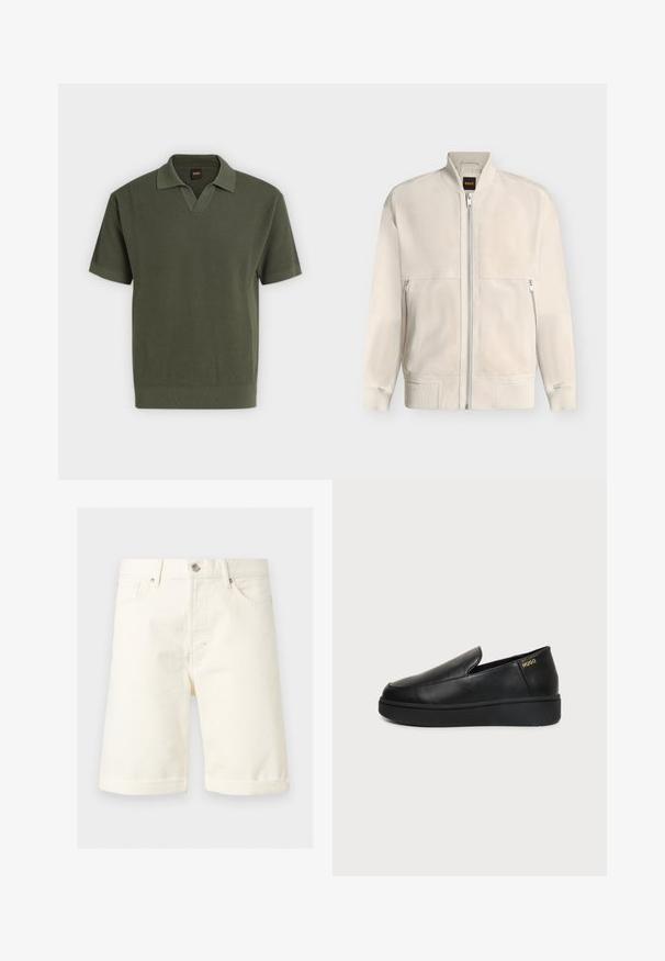 Veste bomber beige clair à fermeture éclair, avec col, poignets et ourlet côtelés, dotée de deux poches latérales zippées et d'une petite étiquette noire à l'intérieur du col.; Polo en maille vert olive à manches courtes avec motif texturé et ourlet et poignets côtelés sur fond uni.; Short en denim couleur crème jusqu'aux genoux avec poches avant, passants de ceinture, fermeture par bouton et ourlets retournés.; Chaussure noire en cuir à enfiler avec semelle épaisse et petits trous de ventilation latéraux, avec un logo doré "HUGO" près du talon.