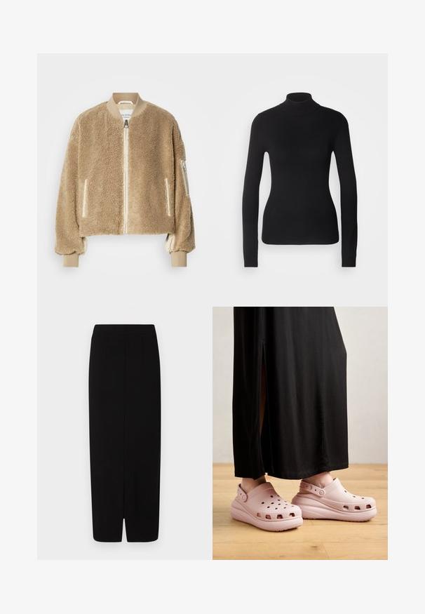 Tan bomberjakke med en tekstureret ydre i falsk pels, ribkanter ved ærmer og krave samt lynlåslommer på ærmerne.; Sort turtleneck sweater lavet af let strikket stof. Har lange ærmer, et tætsiddende design og en blød ribbet tekstur.; Sort blyantskørt lavet af glat stof, med høj talje, to frontfoldninger og en slids i kanten for bedre bevægelsesfrihed.; Lyserøde klipklappere med ventilationshuller, en tyk sål og en rygrem, parret med en sort lang nederdel og en baggrund af trægulv.