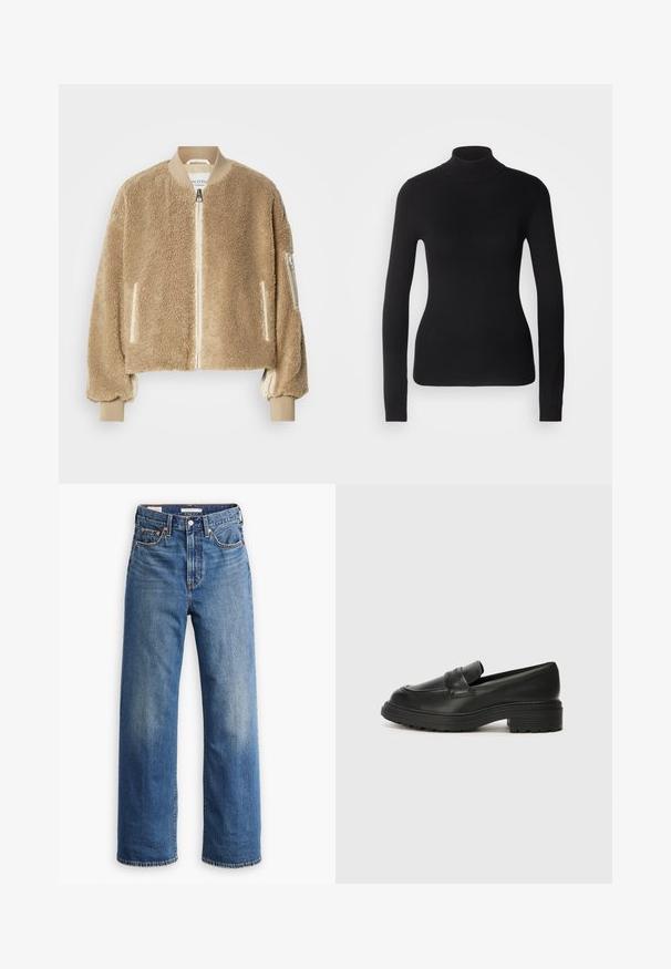 Chaqueta bomber color beige que presenta un exterior de piel sintética texturizada, puños y cuello acanalados, y bolsillos con cremallera en las mangas.; Suéter negro de cuello alto hecho de un tejido de punto ligero. Presenta mangas largas, un diseño ajustado y una suave textura acanalada.; Vaqueros de mezclilla azul claro con cintura alta, diseño de pierna ancha, estilo clásico de cinco bolsillos y un sutil desgaste en la tela.; Mocasines de piel negra con un bajo tacón cuadrado, que presentan una punta redondeada y costuras decorativas en la parte superior. Suela de goma texturizada.