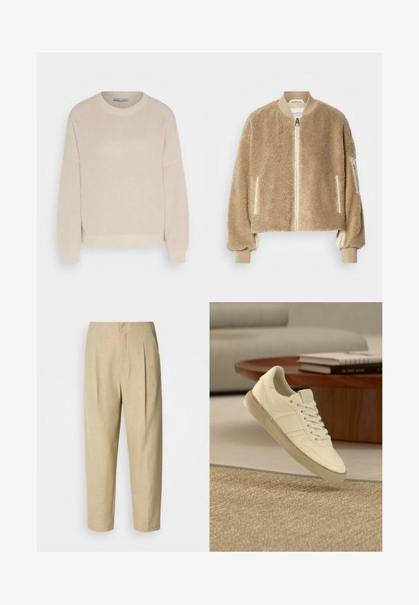 Béžová bomber bunda s textúrou umelého kožúška, rebrovanými manžetami a golierom a vreckami so zipsom na rukávoch.; Anna Field by Zalando Svetrík - grey; Béžové ľanové nohavice s voľným strihom, so skladbami vpredu, pásom a zúženými nohavicami končiacimi tesne nad členkami.; Biela kožená teniska s viazaním na šnúrky, textúrovanými ozdobami a priehľadnou gumovou podrážkou, zobrazená nad tkaným povrchom.