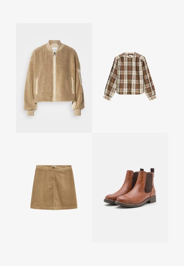 Tan bomberjack met een getextureerde faux fur buitenkant, geribbelde manchetten en kraag, en met rits afgesloten zakken op de mouwen.; Langsleeve geruite blouse in bruin, crème en tan. Beschikt over een knoopsluiting aan de voorkant, ronde halslijn en geraffineerde mouwdetails. Katoenblenden stof.; Bruine corduroy mini-rok met een knoopsluiting, met een verticale ribbelstructuur en een eenvoudig ontwerp. De zoom is recht en netjes afgewerkt.; Bruine leren enkellaarzen met elastische zijkanten, ronde neus en een lage houten hak. Voorzien van een lus voor gemakkelijk aan- en uitrekken.