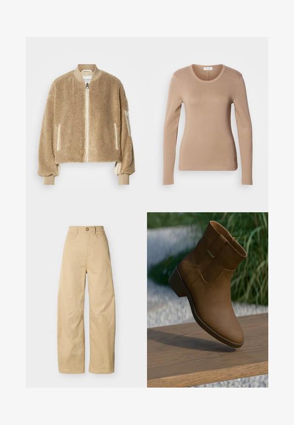 Veste bomber beige avec extérieur en fausse fourrure texturée, poignets et col côtelés, et poches zippées sur les manches.; Haut à manches longues en beige clair, avec un col rond et une coupe slim. Fabriqué en tissu doux et extensible avec une texture subtile. Détail du logo sur l'ourlet.; Pantalon large beige à taille haute, fermeture par bouton et zip, poches avant et ourlet droit, présenté sur un fond uni.; Bottine en cuir marron avec une texture lisse, bout rond, petit talon carré et fermeture éclair sur le côté. Présentée sur une surface en bois.