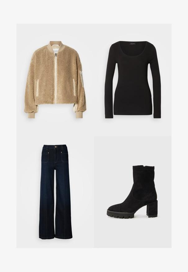 Beige Bomberjacke mit texturierter Kunstpelz-Außenseite, gerippten Bündchen und Kragen sowie Reißverschlusstaschen an den Ärmeln.; Schwarzes langärmliges Oberteil mit Rundhalsausschnitt, aus weichem, dehnbarem Material gefertigt. Verfügt über eine taillierte Form und eine glatte Textur. Markenlabel sichtbar.; Weite, dunkelblaue Jeans mit weitem Bein. Verfügt über Fronttaschen, goldenes Zubehör und Kontrastnähte. Glatte Textur mit einem lässigen Design.; Schwarze Ankle Boots aus Wildleder mit quadratischer Zehenform, blockiertem Absatz und strukturiertem Gummisohle mit Zickzack-Akzenten. Glatte Oberfläche.