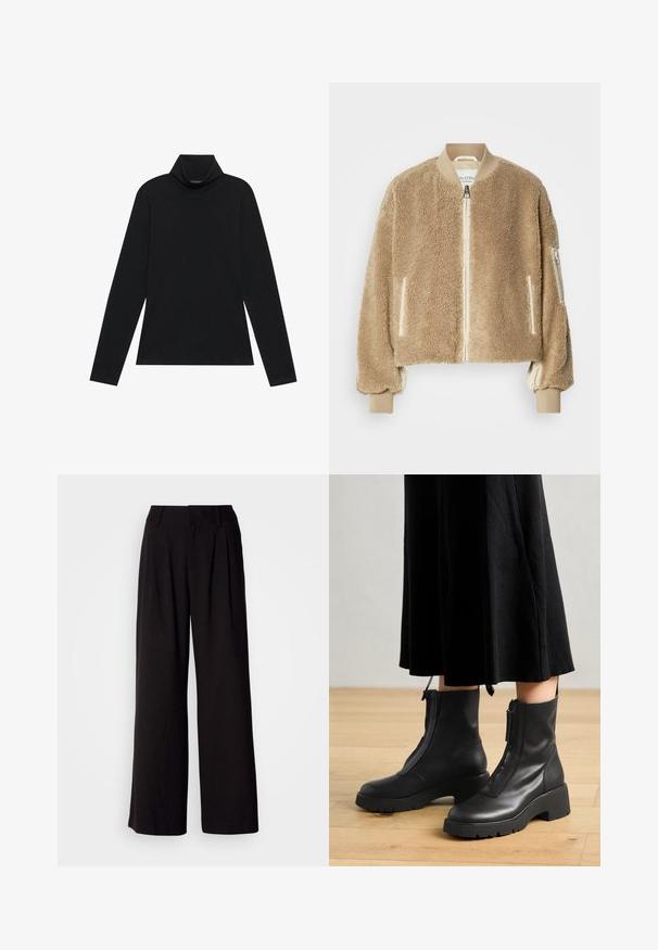 Tan bomberjack met een getextureerde faux fur buitenkant, geribbelde manchetten en kraag, en met rits afgesloten zakken op de mouwen.; Zwarte langetermijn turtleneck. Zachte stof, getailleerd design, hoge kraag en zijnaad. Eenvoudige en veelzijdige stijl die geschikt is voor het laagjes dragen.; Zwarte wijde broek van soepel stof, met plooien aan de voorkant, een aansluitende tailleband en zonder zichtbare patronen of accenten.; Zwarte leren enkelboots met een chunky platformzool en een rits aan de voorkant. Glad oppervlak met een minimalistisch ontwerp.