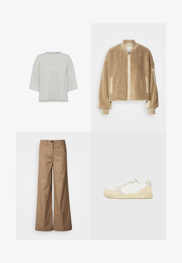 Chaqueta bomber color beige que presenta un exterior de piel sintética texturizada, puños y cuello acanalados, y bolsillos con cremallera en las mangas.; Top de color gris claro, de manga corta y fabricado en tejido suave. Presenta un escote redondo y un sutil detalle de costura en el frontal. Corte regular.; Pantalones de pierna ancha hechos de tejido suave en tono marrón claro. Cuentan con un cierre frontal con botones, trabillas para el cinturón y bolsillos laterales. Líneas limpias sin patrones visibles.; Zapatilla blanca y beige con parte superior de ante y textil, con costuras en contraste, suela de goma y un detalle en azul claro en el talón.