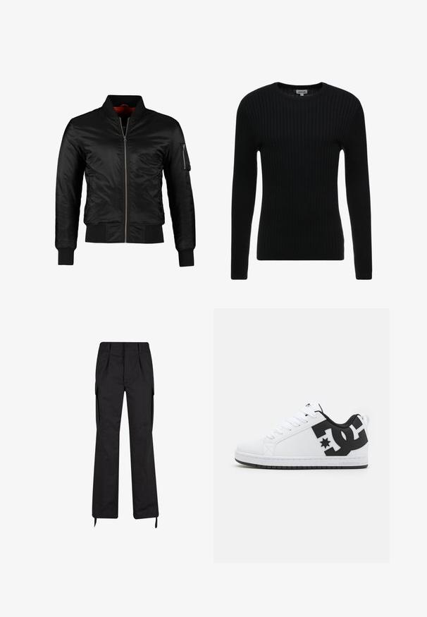 Chaqueta bomber negra hecha de nylon brillante con cierre frontal, puños acanalados y un bolsillo con cremallera en la manga izquierda. El interior es de un rojo brillante.; Suéter negro de manga larga con cuello redondo; tejido texturizado que presenta líneas verticales; silueta ajustada; sin adornos o acentos visibles.; Pantalones cargo negros con un corte relajado, que cuentan con bolsillos laterales, diseño frontal con pliegues, lazos ajustables en los tobillos y están fabricados con un tejido duradero.; Zapatillas deportivas blancas con una parte superior sintética lisa, que presenta acentos de logotipo negros y una suela de goma. Diseño con cordones, forma de puntera redondeada.