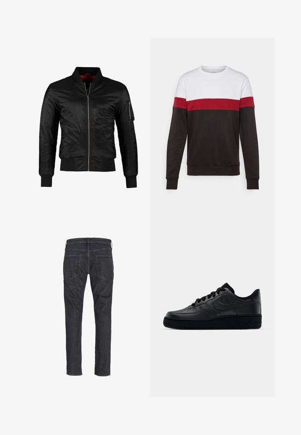 Schwarze Bomberjacke aus glänzendem Nylon mit einem Frontreißverschluss, gerippten Bündchen und einer Reißverschlusstasche am linken Ärmel. Das Innenfutter ist leuchtend rot.; Farbenfrohes Sweatshirt mit einem weißen oberen Abschnitt, einem roten Mittelband und einem schwarzen unteren Segment. Hergestellt aus weichem, bequemem Stoff.; Dunkelgraue Jeans mit geradem Bein, von hinten gezeigt, mit zwei Gesäßtaschen und Gürtelschlaufen am Bund.; Schwarzer Nike Air Force 1 Schuh mit einem glatten Lederoberteil, perforierter Zehenpartie für Atmungsaktivität, schwarzen Schnürsenkeln und einer strukturierten Gummisohle.