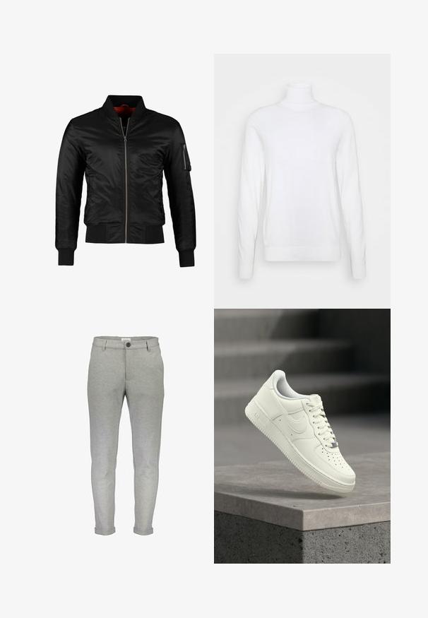 Sort bomberjakke lavet af skinnende nylon med frontlynlås, ribbede manchetter og en lynlåslomme på venstre ærme. Indersiden er lys rød.; Hvid turtleneck sweater med lange ærmer, lavet af glat stof. Har et tætsiddende design og ribbede manchetter og kant. Ingen mønstre eller accenter.; Lysegrå sweatpants med slim fit, elastisk talje, frontknaplukning og opslåede manchetter. Lavet af et blødt, tekstureret stof.; Hvid lædersneaker med lavprofildesign, tekstureret overflade, perforeringer på tåen og sølvfarvede detaljer på snørebånd og mærkning.