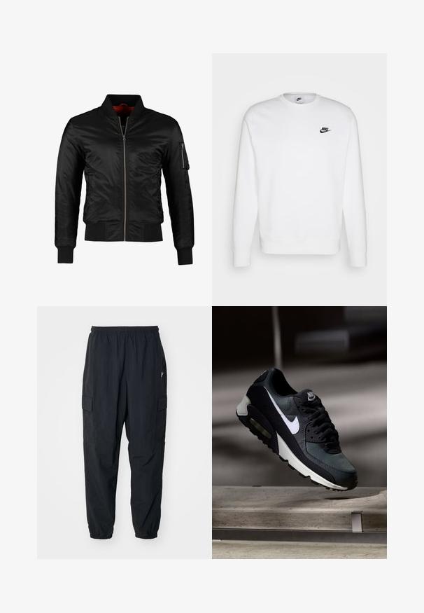 Zwarte bomberjack gemaakt van glanzend nylon met een ritssluiting aan de voorkant, ribgebreide manchetten en een ritszak op de linkermouw. De binnenkant is felrood.; Witte sweatshirt van katoen met lange mouwen, ronde halslijn en zwart Nike-logo op de linker borst. Zachte textuur met ribbeen manchetten.; Zwarte cargobroek van lichtgewicht materiaal, met een elastische tailleband, zijzakken en een losse pasvorm met elastische manchetten.; Zwart-grijze Nike Air Max sneaker met witte swoosh, zwevend boven een betonnen oppervlak tegen een wazige donkere achtergrond.