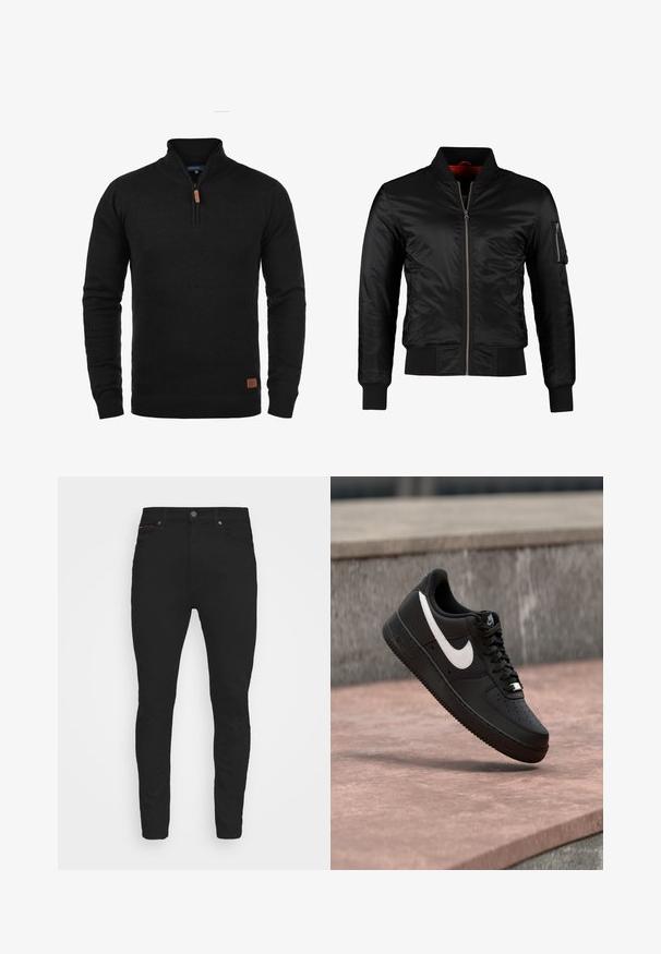 Veste bomber noire en nylon brillant avec une fermeture éclair à l'avant, des poignets côtelés et une poche zippée sur la manche gauche. L'intérieur est de couleur rouge vif.; Pull en tricot noir avec un col zippé mi-hauteur, des poignets côtelés et un ourlet côtelé. Présente une étiquette d'accent en cuir marron sur le bas à gauche.; Jean slim noir en denim, doté d'un design classique à cinq poches, d'une fermeture à bouton et de subtils accents de couture rouge.; Basket Nike Air Force 1 noire avec logo swoosh blanc flottant au-dessus d'une surface en pierre et d'un mur texturé gris en arrière-plan.