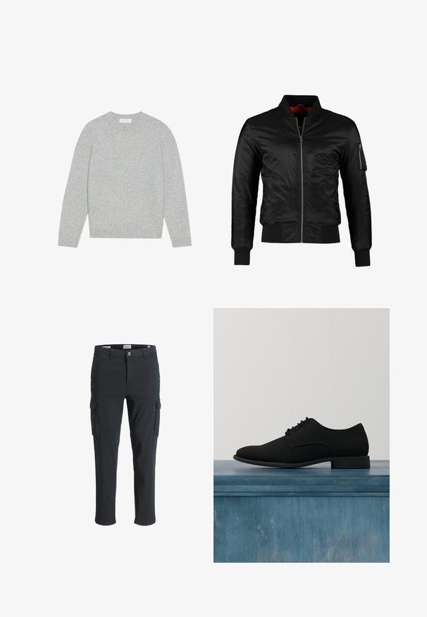 Veste bomber noire en nylon brillant avec une fermeture éclair à l'avant, des poignets côtelés et une poche zippée sur la manche gauche. L'intérieur est de couleur rouge vif.; Pull en laine gris clair avec un col rond, des manches longues et des poignets et ourlet côtelés. Texture douce avec un design solide et minimal.; Pantalons cargo noirs en tissu léger, dotés de poches latérales, d'une fermeture éclair et d'une coupe droite.; Chaussure de dress en cuir noir avec une finition mate lisse, bout arrondi et design classique à lacets mise en valeur sur un fond clair.