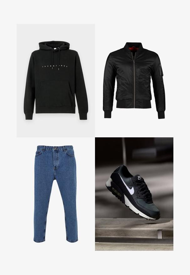 Veste bomber noire en nylon brillant avec une fermeture éclair à l'avant, des poignets côtelés et une poche zippée sur la manche gauche. L'intérieur est de couleur rouge vif.; Hoodie en coton noir avec une poche kangourou à l'avant, une capuche avec cordon de serrage, et le texte blanc "JACK & JONES" sur la poitrine. Texture douce.; Jean en denim bleu avec une coupe droite, taille haute, design à cinq poches et détails de couture contrastés.; Baskets Nike Air Max noires et grises avec un logo blanc, suspendues au-dessus d'une surface en béton sur un fond sombre flou.