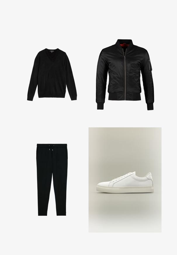 Schwarze Bomberjacke aus glänzendem Nylon mit einem Frontreißverschluss, gerippten Bündchen und einer Reißverschlusstasche am linken Ärmel. Das Innenfutter ist leuchtend rot.; Schwarzer V-Ausschnitt-Pullover aus weichem, gestricktem Stoff. Lange Ärmel, gerippte Bündchen und Saum, schlichtes Design ohne Muster oder Akzente.; Schwarze, zulaufende Jogginghosen mit einem elastischen Bund, Kordelzug, Seitentaschen und Bündchen an den Knöcheln, flach auf einem weißen Hintergrund ausgelegt.; Weißer Sneaker mit niedrigem Schaft, vorn mit Schnürung und dicker Sohle, aus der Seitenansicht vor neutralem Hintergrund.