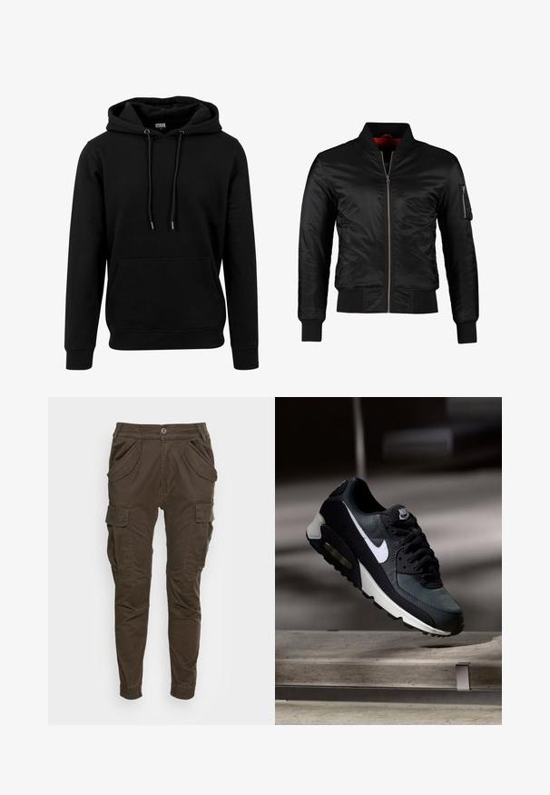 Schwarze Bomberjacke aus glänzendem Nylon mit einem Frontreißverschluss, gerippten Bündchen und einer Reißverschlusstasche am linken Ärmel. Das Innenfutter ist leuchtend rot.; Schwarzer Hoodie aus weichem Stoff, mit einer großen Fronttasche, Kordeln und gerippten Bündchen und Saum. Einfaches, einfarbiges Design.; Braune Cargo-Hosen mit entspannter Passform. verfügen über einen elastischen Bund, Seitentaschen und tapered Beine mit elastischen Bündchen. Hergestellt aus strapazierfähigem Material.; Schwarzer und grauer Nike Air Max Sneaker mit weißem Swoosh, schwebend über einer Betonfläche vor einem verschwommenen dunklen Hintergrund.